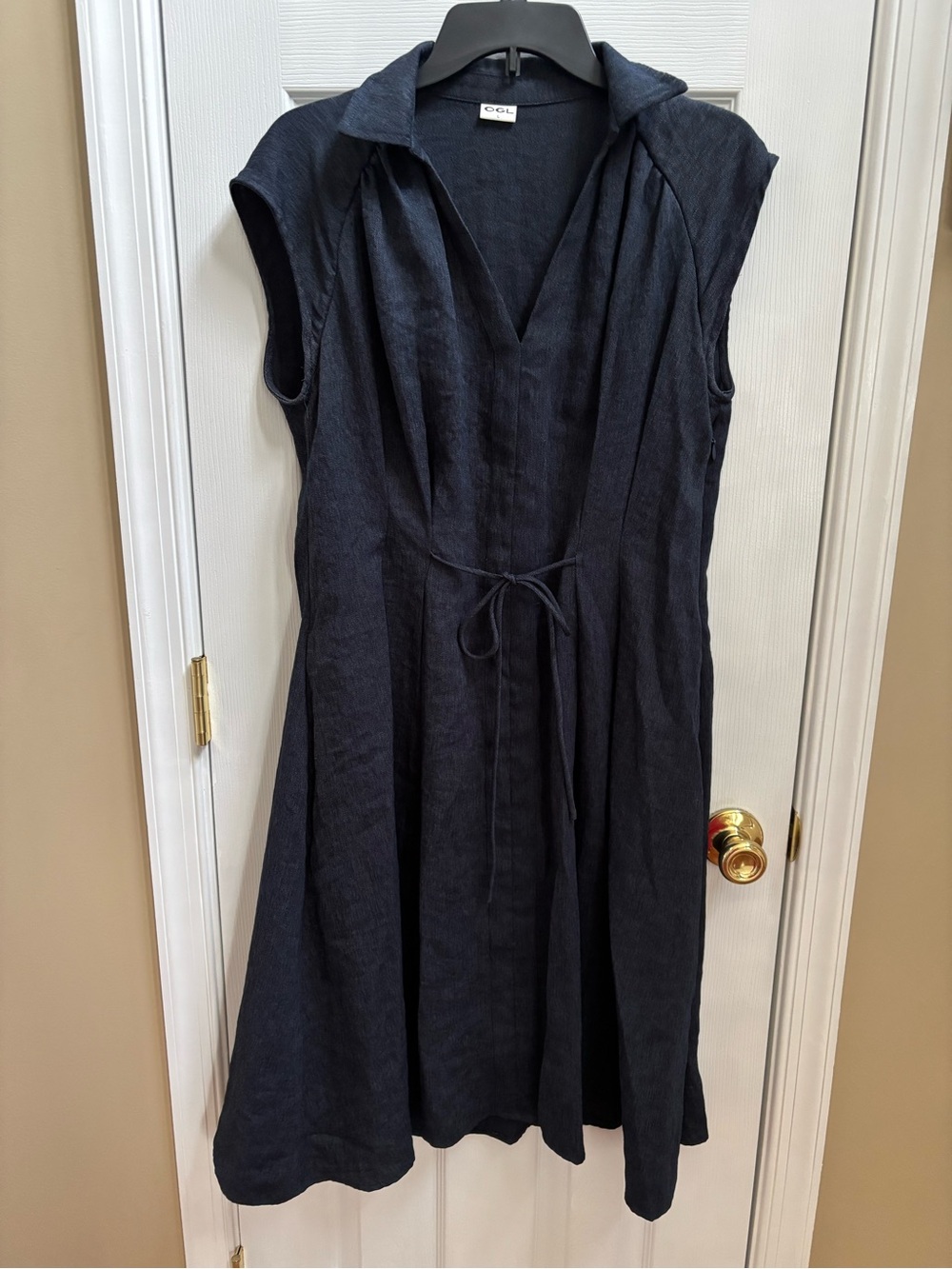 OGL Viscose-Linen Collared V-neck Midi Dress with Drawstring, Size L (10-12) EUC - Picture 2 of 5
